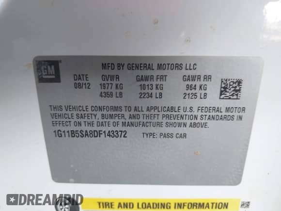 2013 Chevrolet Malibu LS z VIN 1G11B5SA8DF143372, wystawiony jako IAAI lot #43250501 z przebiegiem 249 820 mil mil oraz . Historia ofert i sprzedaży dostępna na DreamBid. Obrazek 9.