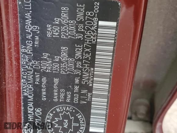 ✅ 2007 Hyundai Santa Fe SE • VIN: 5NMSH73EX7H062078 • Lot: 78164024. Listed on Copart with 231,501 mi. Free auction sales archive from the USA and detailed vehicle history report at DreamBid. Image 13.