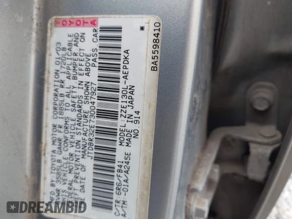 ✅ 2003 Toyota Corolla CE • VIN: JTDBR32E730047927 • Lot: 42324214. Listed on IAAI with 267,828 mi. Free auction sales archive from the USA and detailed vehicle history report at DreamBid. Image 9.