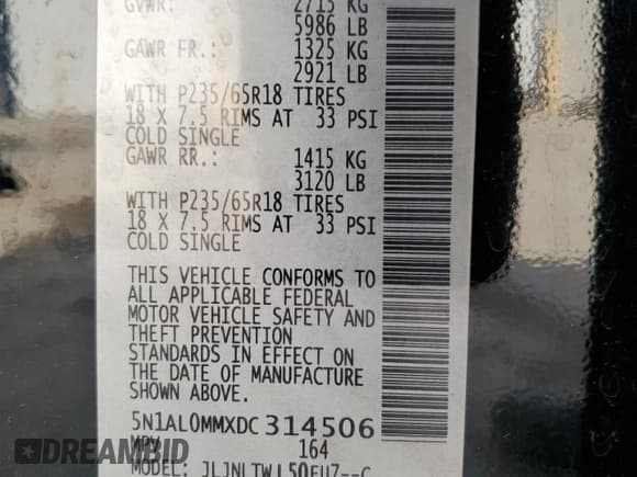 ✅ 2013 Infiniti JX35 • VIN: 5N1AL0MMXDC314506 • Lot: 86432675. Listed on Copart with 160,356 mi. Free auction sales archive from the USA and detailed vehicle history report at DreamBid. Image 13.