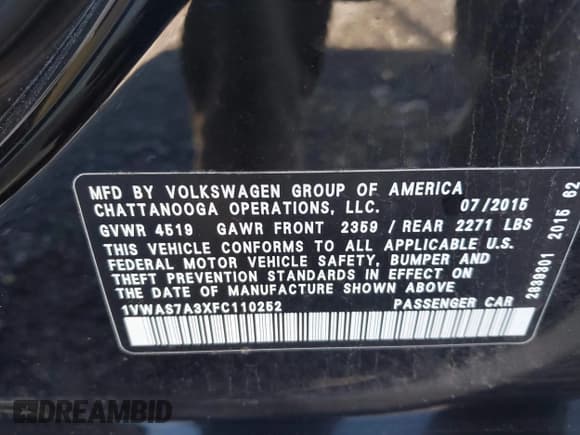 ✅ 2015 Volkswagen Passat S • VIN: 1VWAS7A3XFC110252 • Лот: 43399565. Опубликован ранее на IAAI с пробегом 120 822 миль. Бесплатный доступ к архиву аукционных продаж из США и подробный отчёт об истории автомобиля на DreamBid. Изображение 9.