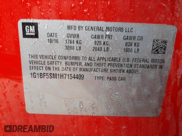 ✅ 2017 Chevrolet Cruze Premier • VIN: 1G1BF5SM1H7154409 • Лот: 64439652. Размещён на Copart с пробегом 153 896 миль миль. Получите бесплатный доступ к архиву аукционных продаж из США и посмотрите подробный отчёт об истории автомобиля на DreamBid. Изображение 10.