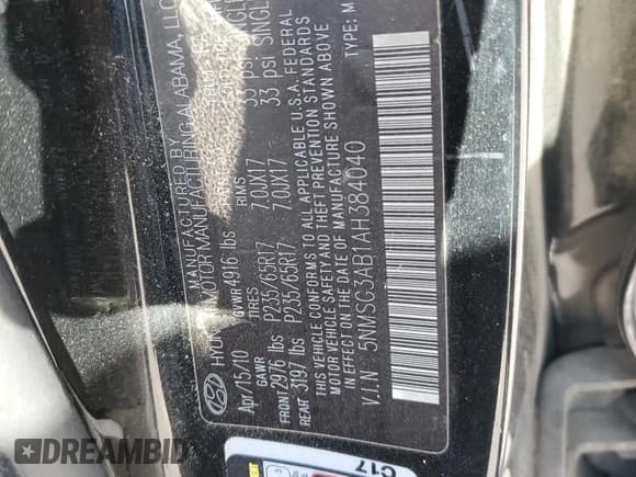 ✅ 2010 Hyundai Santa Fe GLS • VIN: 5NMSG3AB1AH384040 • Lot: 84104334. Listed on Copart with 169,371 mi. Free auction sales archive from the USA and detailed vehicle history report at DreamBid. Image 13.