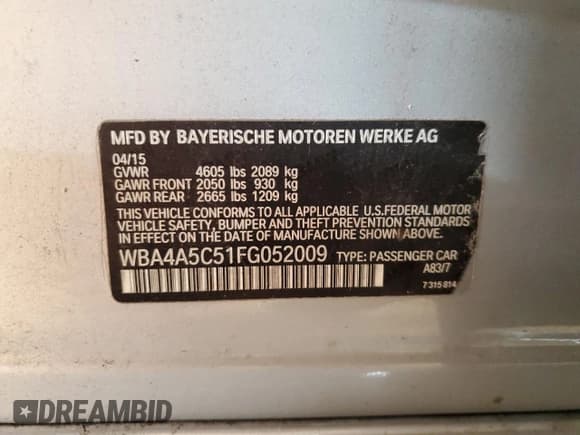 ✅ 2015 BMW 4 Series 428i • VIN: WBA4A5C51FG052009 • Lot: 89110235. Listed on Copart with 156,675 mi. Free auction sales archive from the USA and detailed vehicle history report at DreamBid. Image 14.