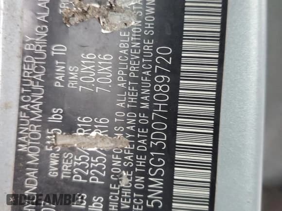 ✅ 2007 Hyundai Santa Fe GLS • VIN: 5NMSG13D07H089720 • Lot: 72708484. Listed on Copart with 240,688 mi. Free auction sales archive from the USA and detailed vehicle history report at DreamBid. Image 14.