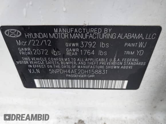 2013 Hyundai Elantra Limited z VIN 5NPDH4AE2DH158831, wystawiony jako IAAI lot #43355202 z przebiegiem 149 589 mil mil oraz . Historia ofert i sprzedaży dostępna na DreamBid. Obrazek 9.