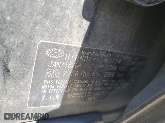 ✅ 2004 Hyundai Santa Fe GLS • VIN: KM8SC13E54U700457 • Lot: 53755855. Listed on Copart with 101,565 mi. Free auction sales archive from the USA and detailed vehicle history report at DreamBid. Image 13.