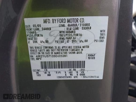 ✅ 2005 Mercury Mariner Luxury • VIN: 4M2YU57135DJ25281 • Лот: 42713619. Опубликован ранее на IAAI с пробегом 159 485 миль. Бесплатный доступ к архиву аукционных продаж из США и подробный отчёт об истории автомобиля на DreamBid. Изображение 9.