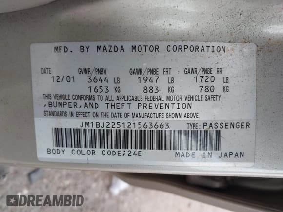 ✅ 2002 Mazda Protege DX • VIN: JM1BJ225121563663 • Lot: 43725847. Wystawiony na IAAI z przebiegiem 120 456 mil. Bezpłatny archiwum sprzedaży aukcyjnych z USA i szczegółowy raport historii pojazdu na DreamBid. Zdjęcie 9.