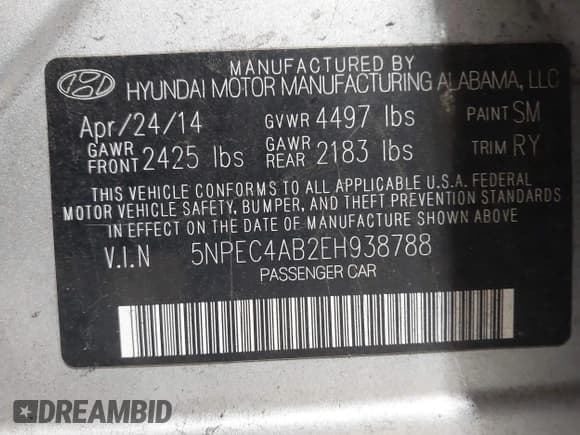 ✅ 2014 Hyundai Sonata Limited • VIN: 5NPEC4AB2EH938788 • Lot: 43333865. Listed on IAAI with 157,980 mi. Free auction sales archive from the USA and detailed vehicle history report at DreamBid. Image 9.