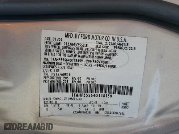 ✅ 2004 Ford Taurus SES • VIN: 1FAHP55S64G148159 • Lot: 68862385. Listed on Copart with 240,782 mi. Free auction sales archive from the USA and detailed vehicle history report at DreamBid. Image 12.