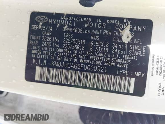 2015 Hyundai Tucson Limited с VIN KM8JUCAG5FU000921, выставлен на аукционе IAAI как лот 43254970 с пробегом 95 541 миль миль и . История ставок и продаж доступна на DreamBid. Изображение 9.