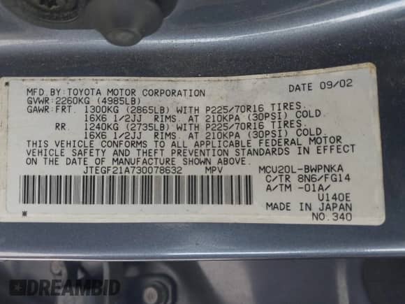 2003 Toyota Highlander z VIN JTEGF21A730078632, wystawiony jako IAAI lot #43059517 z przebiegiem 261 218 mil mil oraz . Historia ofert i sprzedaży dostępna na DreamBid. Obrazek 9.