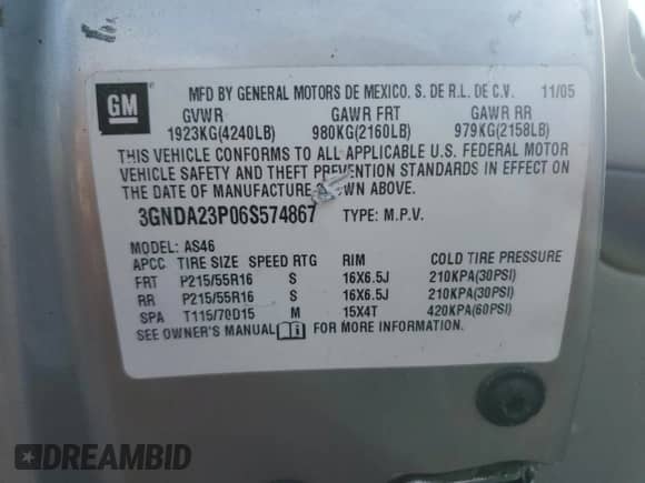 2006 Chevrolet HHR LT с VIN 3GNDA23P06S574867, выставлен на аукционе Copart как лот 78478744 с пробегом 178 200 миль миль и Списание • Salvage title. История ставок и продаж доступна на DreamBid. Изображение 14.