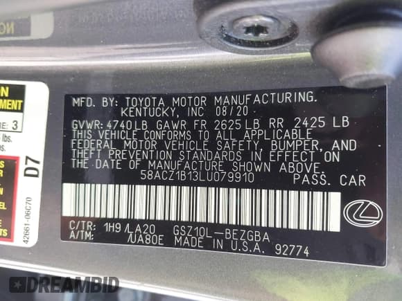 ✅ 2020 Lexus ES 350 Ultra Luxury • VIN: 58ACZ1B13LU079910 • Lot: 42480934. Listed on IAAI with 50,092 mi. Free auction sales archive from the USA and detailed vehicle history report at DreamBid. Image 9.