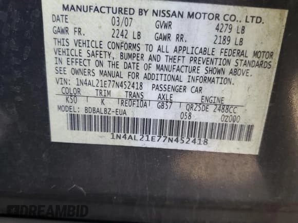 ✅ 2007 Nissan Altima S • VIN: 1N4AL21E77N452418 • Лот: 92668045. Опубликован ранее на Copart с пробегом 212 480 миль. Бесплатный доступ к архиву аукционных продаж из США и подробный отчёт об истории автомобиля на DreamBid. Изображение 12.