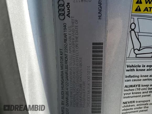 ✅ 2008 Audi TT 3.2L • VIN: TRUDD38JX81001074 • Лот: 77123744. Опубликован ранее на Copart с пробегом Не указан. Бесплатный доступ к архиву аукционных продаж из США и подробный отчёт об истории автомобиля на DreamBid. Изображение 14.