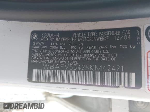 ✅ 2005 BMW 3 Series 330i • VIN: WBAEV53425KM42421 • Lot: 41001073. Listed on IAAI with 188,472 mi. Free auction sales archive from the USA and detailed vehicle history report at DreamBid. Image 9.