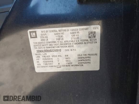 2016 Chevrolet Equinox LTZ with VIN 2GNALDEK9G6290910, listed as a IAAI auction lot 43468722 with 151,551 mi miles and . Bid and sale history available at DreamBid. Image 9.