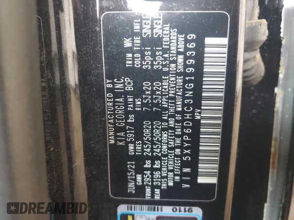 ✅ 2022 Kia Telluride S • VIN: 5XYP6DHC3NG199369 • Lot: 55082455. Listed on Copart with 53,904 mi. Free auction sales archive from the USA and detailed vehicle history report at DreamBid. Image 14.