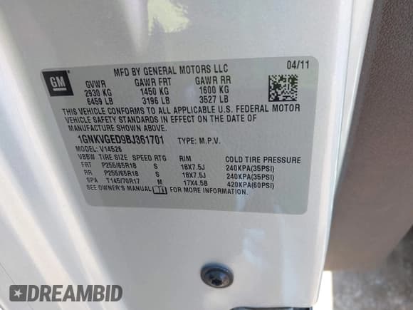 ✅ 2011 Chevrolet Traverse 1LT • VIN: 1GNKVGED9BJ361701 • Lot: 42994765. Wystawiony na IAAI z przebiegiem 85 881 mil. Bezpłatny archiwum sprzedaży aukcyjnych z USA i szczegółowy raport historii pojazdu na DreamBid. Zdjęcie 9.