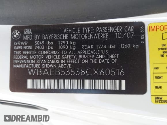 ✅ 2008 BMW 6 Series 650i • VIN: WBAEB53538CX60516 • Lot: 42041300. Listed on IAAI with 166,280 mi. Free auction sales archive from the USA and detailed vehicle history report at DreamBid. Image 9.
