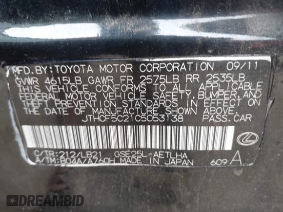 ✅ 2012 Lexus IS 250 • VIN: JTHCF5C21C5053138 • Lot: 42604368. Listed on IAAI with 299,139 mi. Free auction sales archive from the USA and detailed vehicle history report at DreamBid. Image 9.