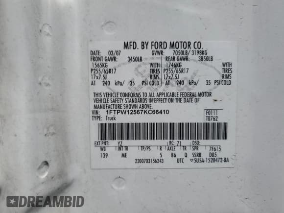 ✅ 2007 Ford F-150 XLT • VIN: 1FTPW12567KC66410 • Lot: 58178045. Wystawiony na Copart z przebiegiem 187 762 mil. Bezpłatny archiwum sprzedaży aukcyjnych z USA i szczegółowy raport historii pojazdu na DreamBid. Zdjęcie 12.