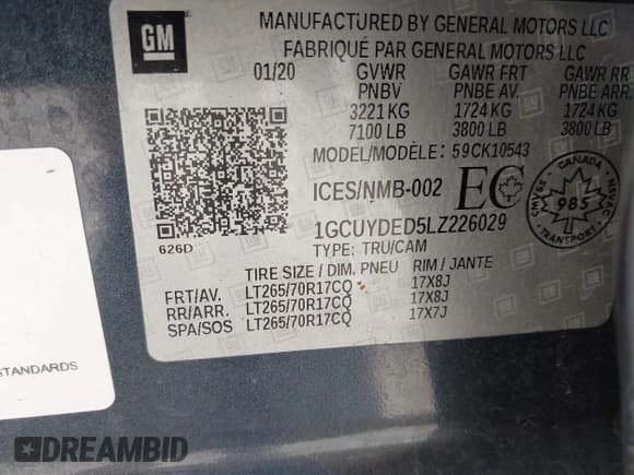 ✅ 2020 Chevrolet Silverado 1500 LT • VIN: 1GCUYDED5LZ226029 • Lot: 42298895. Listed on IAAI with 100,704 mi. Free auction sales archive from the USA and detailed vehicle history report at DreamBid. Image 9.