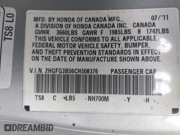 ✅ 2012 Honda Civic LX • VIN: 2HGFG3B56CH508376 • Lot: 43701936. Listed on IAAI with 187,642 mi. Free auction sales archive from the USA and detailed vehicle history report at DreamBid. Image 9.