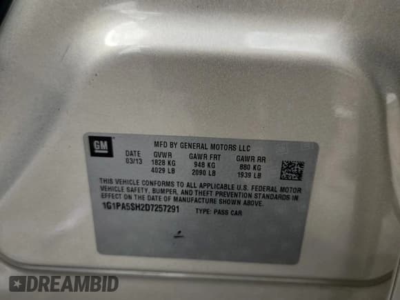 ✅ 2013 Chevrolet Cruze LS • VIN: 1G1PA5SH2D7257291 • Lot: 81487145. Listed on Copart with 217,330 mi. Free auction sales archive from the USA and detailed vehicle history report at DreamBid. Image 12.