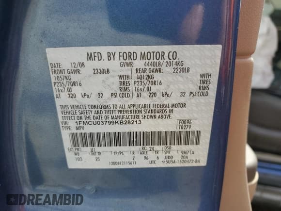 ✅ 2009 Ford Escape XLT • VIN: 1FMCU03799KB28213 • Lot: 53965425. Listed on Copart with Not provided. Free auction sales archive from the USA and detailed vehicle history report at DreamBid. Image 13.