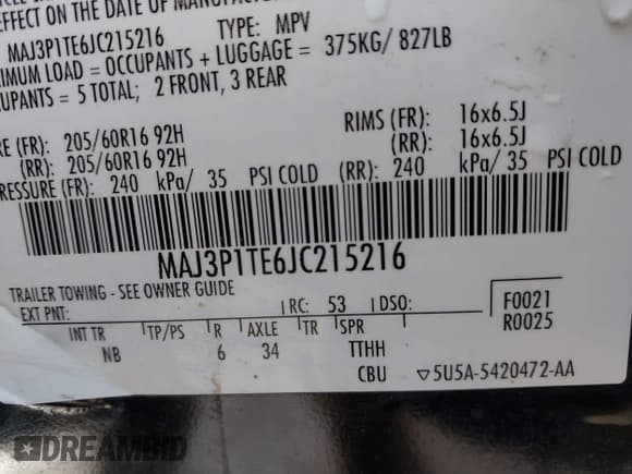 ✅ 2018 Ford EcoSport SE • VIN: MAJ3P1TE6JC215216 • Lot: 43346694. Listed on IAAI with 81,257 mi. Free auction sales archive from the USA and detailed vehicle history report at DreamBid. Image 9.