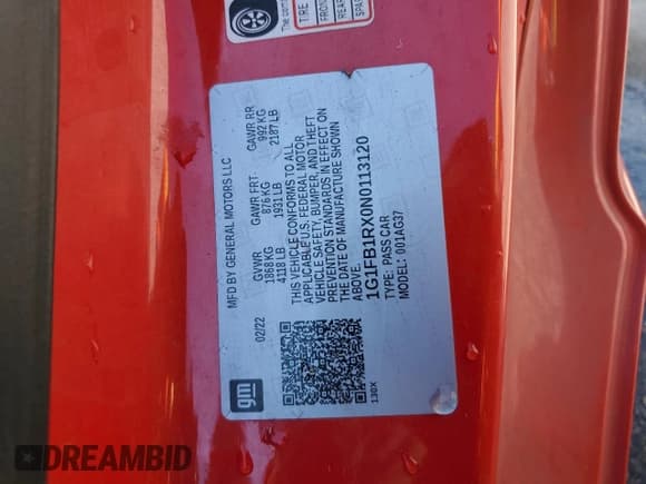 ✅ 2022 Chevrolet Camaro 1LT • VIN: 1G1FB1RX0N0113120 • Lot: 86631525. Listed on Copart with 65,485 mi. Free auction sales archive from the USA and detailed vehicle history report at DreamBid. Image 12.