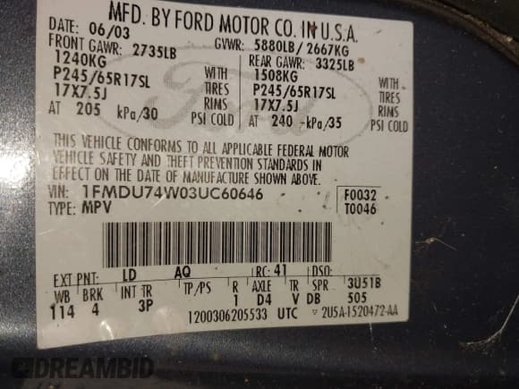 ✅ 2003 Ford Explorer Eddie Bauer • VIN: 1FMDU74W03UC60646 • Lot: 42329589. Listed on IAAI with Not provided. Free auction sales archive from the USA and detailed vehicle history report at DreamBid. Image 9.