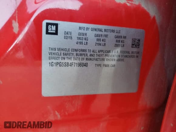 ✅ 2015 Chevrolet Cruze LTZ • VIN: 1G1PG5SB4F7196040 • Lot: 38194143. Listed on Copart with Not provided. Free auction sales archive from the USA and detailed vehicle history report at DreamBid. Image 12.