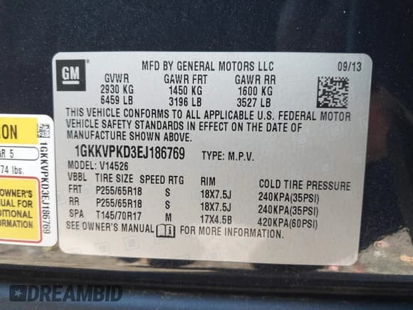 ✅ 2014 GMC Acadia SLE • VIN: 1GKKVPKD3EJ186769 • Lot: 43418735. Listed on IAAI with 168,857 mi. Free auction sales archive from the USA and detailed vehicle history report at DreamBid. Image 9.