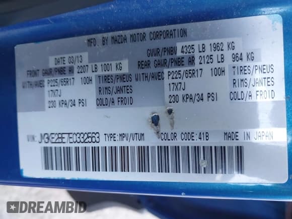 ✅ 2014 Mazda CX-5 Sport • VIN: JM3KE2BE7E0332563 • Lot: 42770891. Listed on IAAI with 145,924 mi. Free auction sales archive from the USA and detailed vehicle history report at DreamBid. Image 9.