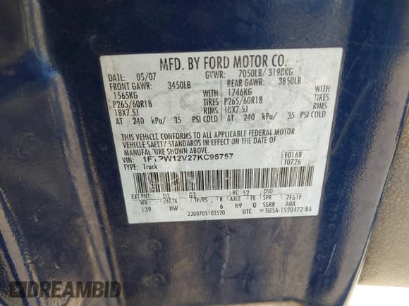 ✅ 2007 Ford F-150 XLT • VIN: 1FTPW12V27KC95757 • Lot: 43828024. Wystawiony na IAAI z przebiegiem Nie podano. Bezpłatny archiwum sprzedaży aukcyjnych z USA i szczegółowy raport historii pojazdu na DreamBid. Zdjęcie 9.