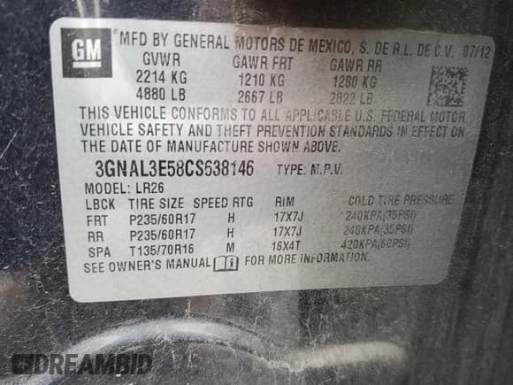 ✅ 2012 Chevrolet Captiva Sport LT • VIN: 3GNAL3E58CS638146 • Lot: 49990365. Wystawiony na Copart z przebiegiem 114 312 mil. Bezpłatny archiwum sprzedaży aukcyjnych z USA i szczegółowy raport historii pojazdu na DreamBid. Zdjęcie 14.