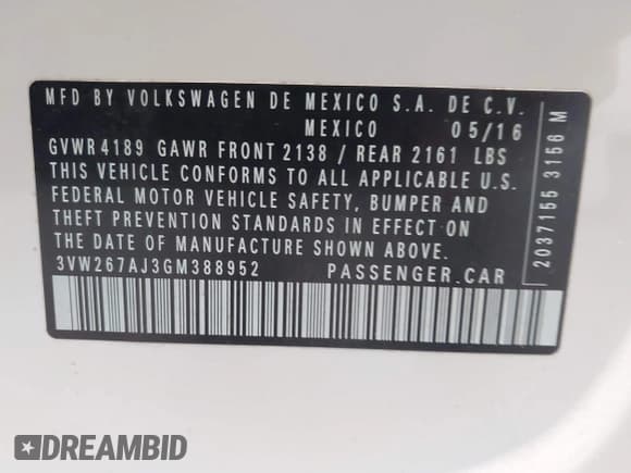 ✅ 2016 Volkswagen Jetta S • VIN: 3VW267AJ3GM388952 • Lot: 43614486. Wystawiony na IAAI z przebiegiem 107 106 mil. Bezpłatny archiwum sprzedaży aukcyjnych z USA i szczegółowy raport historii pojazdu na DreamBid. Zdjęcie 9.
