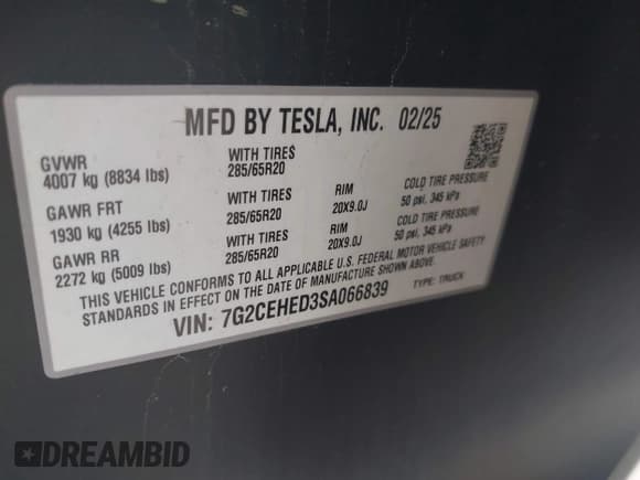 ✅ 2025 Tesla Cybertruck • VIN: 7G2CEHED3SA066839 • Лот: 42312796. Опубликован ранее на IAAI с пробегом 3 856 миль. Бесплатный доступ к архиву аукционных продаж из США и подробный отчёт об истории автомобиля на DreamBid. Изображение 9.