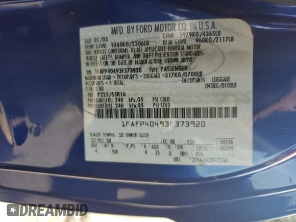 ✅ 2003 Ford Mustang Standard • VIN: 1FAFP40493F373920 • Lot: 57312595. Listed on Copart with 164,986 mi. Free auction sales archive from the USA and detailed vehicle history report at DreamBid. Image 12.