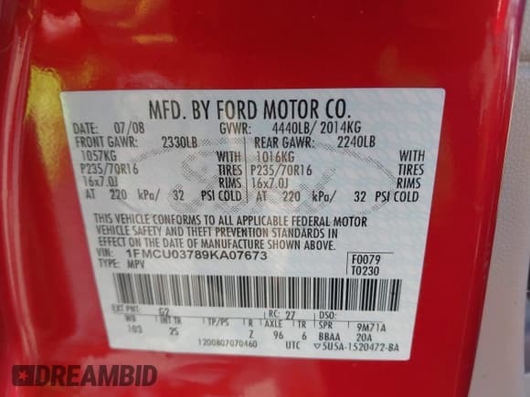 ✅ 2009 Ford Escape XLT • VIN: 1FMCU03789KA07673 • Lot: 43577512. Listed on IAAI with 197,812 mi. Free auction sales archive from the USA and detailed vehicle history report at DreamBid. Image 9.