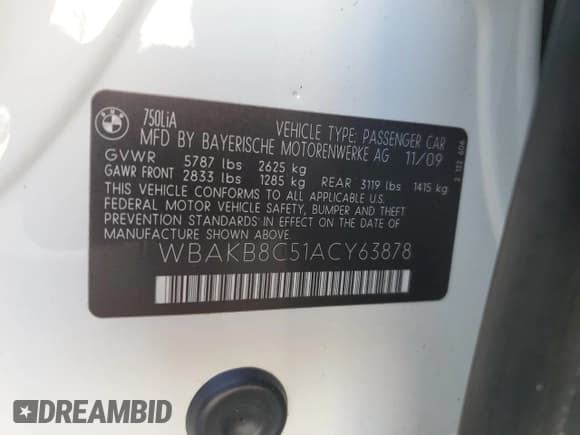 ✅ 2010 BMW 7 Series 750Li • VIN: WBAKB8C51ACY63878 • Lot: 62537135. Listed on Copart with Not provided. Free auction sales archive from the USA and detailed vehicle history report at DreamBid. Image 13.