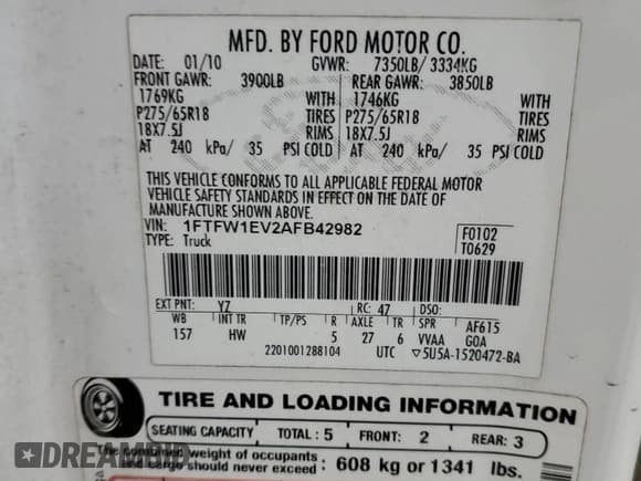 ✅ 2010 Ford F-150 XL • VIN: 1FTFW1EV2AFB42982 • Lot: 91041675. Listed on Copart with 258,609 mi. Free auction sales archive from the USA and detailed vehicle history report at DreamBid. Image 12.