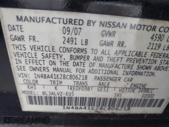 ✅ 2008 Nissan Maxima SE • VIN: 1N4BA41E28C806218 • Lot: 43383263. Listed on IAAI with 81,098 mi. Free auction sales archive from the USA and detailed vehicle history report at DreamBid. Image 9.