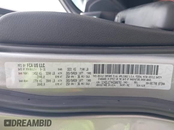 2017 Dodge Durango R/T with VIN 1C4SDJCT4HC606761, listed as a IAAI auction lot 43107117 with 87,878 mi miles and . Bid and sale history available at DreamBid. Image 9.