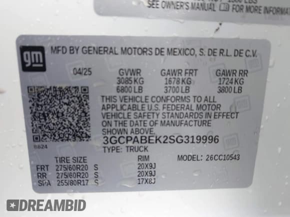 ✅ 2025 Chevrolet Silverado 1500 Custom • VIN: 3GCPABEK2SG319996 • Lot: 43542425. Listed on IAAI with Not provided. Free auction sales archive from the USA and detailed vehicle history report at DreamBid. Image 9.