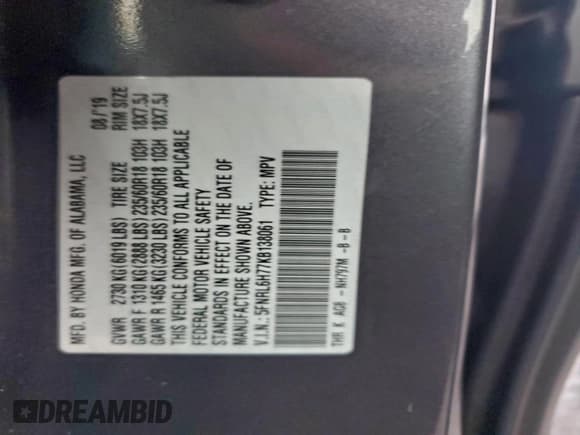 ✅ 2019 Honda Odyssey EX-L • VIN: 5FNRL6H77KB138061 • Lot: 94051615. Listed on Copart with 77,906 mi. Free auction sales archive from the USA and detailed vehicle history report at DreamBid. Image 13.